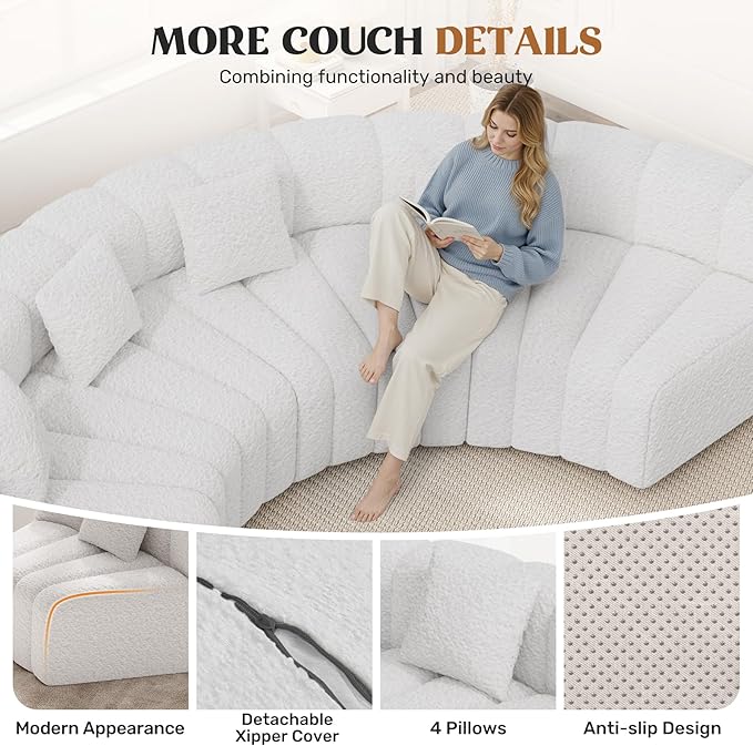 2PCS 1/8 Round Modular Sectional Sofa 2 Seater Modern Curved Cloud Couch Modules Convertible Boneless Couches for Living Room No Assembly Required White