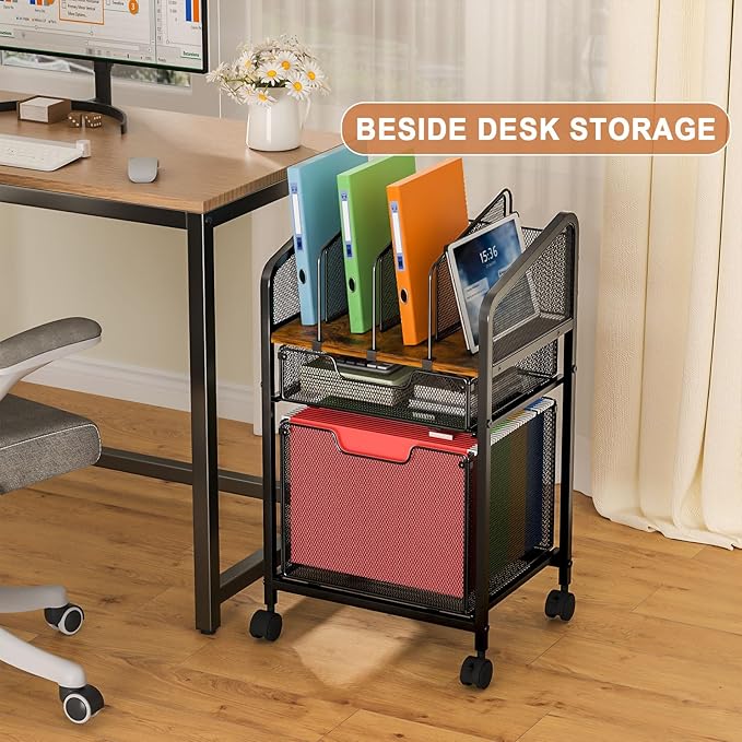Rolling File Cabinet with Adjustable Dividers Mobile Filing Cabinet with 2 Storage Drawers on Lockable Wheels Hanging File Organizer Beside Under Desk for Office Home（Patent Pending）
