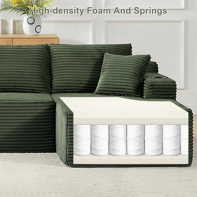 KIVENJAJA 133.5 Oversized U Shaped Sectional Cloud Couch Corduroy Modular Sectional Sofa with Cup Holders &amp Side Pockets Modern Deep Seat Boneless Couches for Living Room Apartment Green