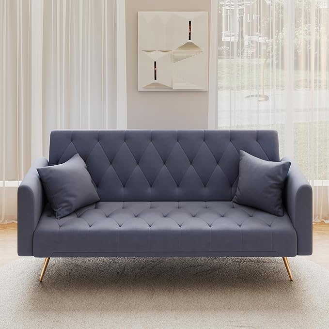72Modern Velvet Sofa Bed FutonConvertible Folding Sleeper Bed Couches with 3 Adjustable BackrestsTufted Recliner Loveseat with Golden Chrome Legs for Small Living Room Office (Dark Grey+pillows)