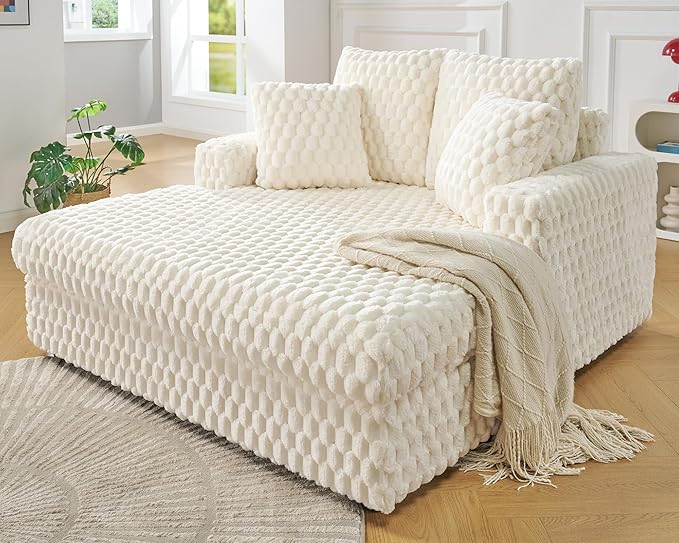 VanAcc 58-Inch Plush Sleeper Chair with Throw Pillows Upholstered Chaise Lounge &amp Sofa Bed with Armrests for Living Room Off-White