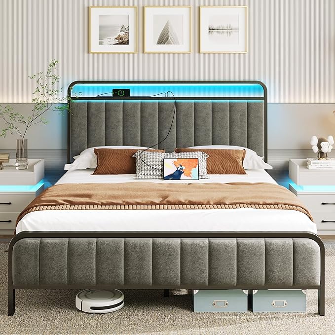 Rolanstar Full Size Bed Frame with LED Light and Charging Station Upholstered Headboard and Footboard Metal Slat Noise Free Easy Assembly Dark Gray
