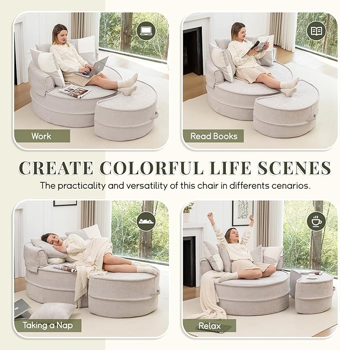 47.63'' Oversized Accent Barrel Chair with Ottoman Modern Round Boneless Idoor Chaise Lounge Chair and A Half Comfy Velvet Compression Large Reading Armchair with 5 Pillows for Living Room Gray