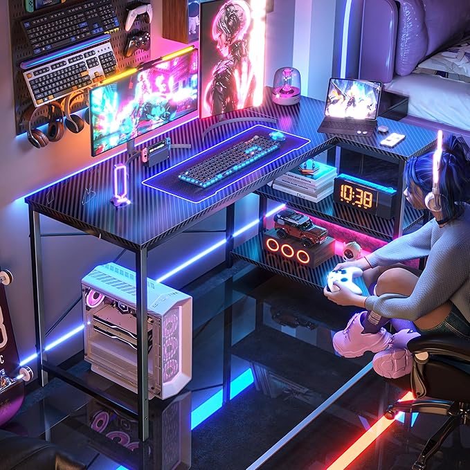 Huuger L Shaped Desk 47 Inch Gaming &amp Home Office Desk with Reversible Storage Shelves Metal Frame Carbon Fiber Black