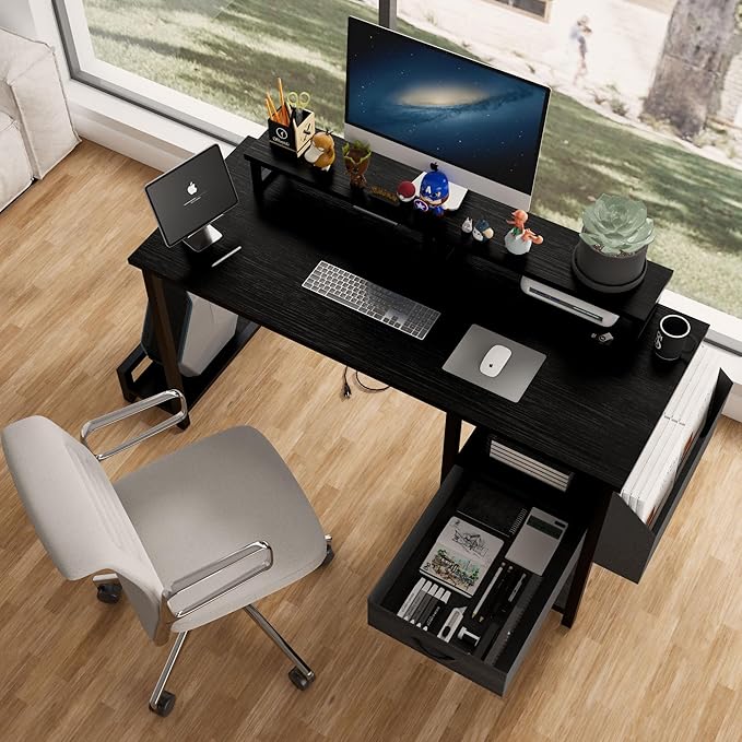 Home Office Desk with Side Pocket and Drawers Modern Computer Desk for Small Space Bedroom 47 Inch Gaming Desk with Power Outlet &amp 2 Movable Monitor Shelves (Black)