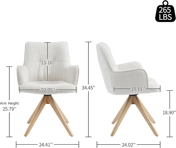 Art Leon Desk Chair No Wheels - Mid Century Modern Swivel Accent Chair Boucle Fabric Upholstered Office Chair with Oak Wood Legs for Small Space Living Room Bedroom Off White