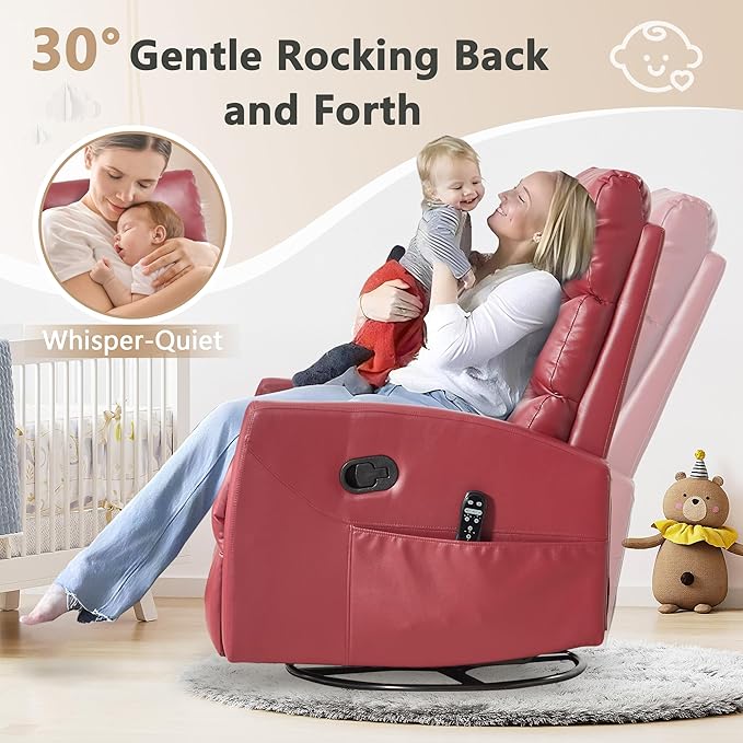 cinkehome Small Swivel Rocker Recliner Chair with Heated Massage Upholstered Nursery Glider Recliner Chair High Back Side Pocket (Red PU Leather)