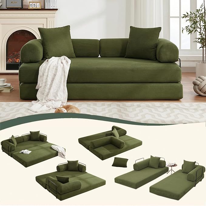 MYFUNSHOP Sleeper Sofa Bed4-in-1 Convertible Folding Boneless CouchFoldable Love Seat with Pillow Corduroy Floor Futon Couch for Living RoomBedroomLounge Studio