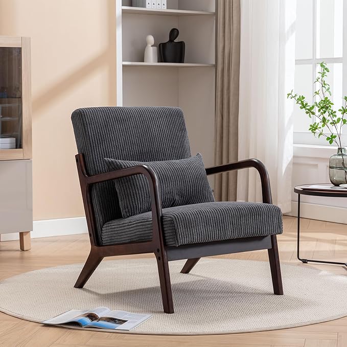 Accent Chair Mid Century Modern Chair Living Room Chairs with Pillow Upholstered Lounge Arm Chair Reading Chair with Solid Wood Frame &amp Corduroy Fabrics for Living Room Bedroom
