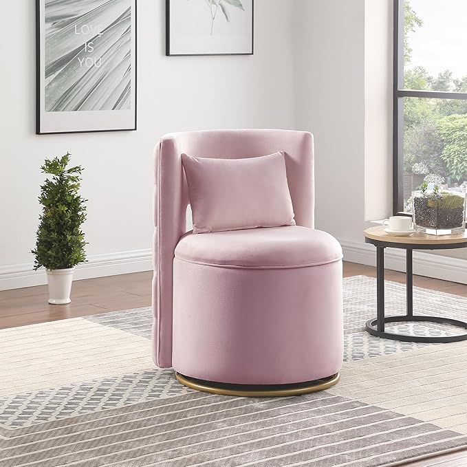 Swivel Chair with Storage for Living Room Round Velvet Vanity Chair with Tufted Button Back Pillow Included (Pink)