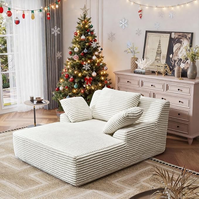 Oversized Chaise Lounge Chair Indoor Corduroy Upholstered Boneless Sofa Bed Deep Seat Sleeper Couch Reading Chairs Cloud Sofas for Living Room No Assembly Required (Beige Single Size)