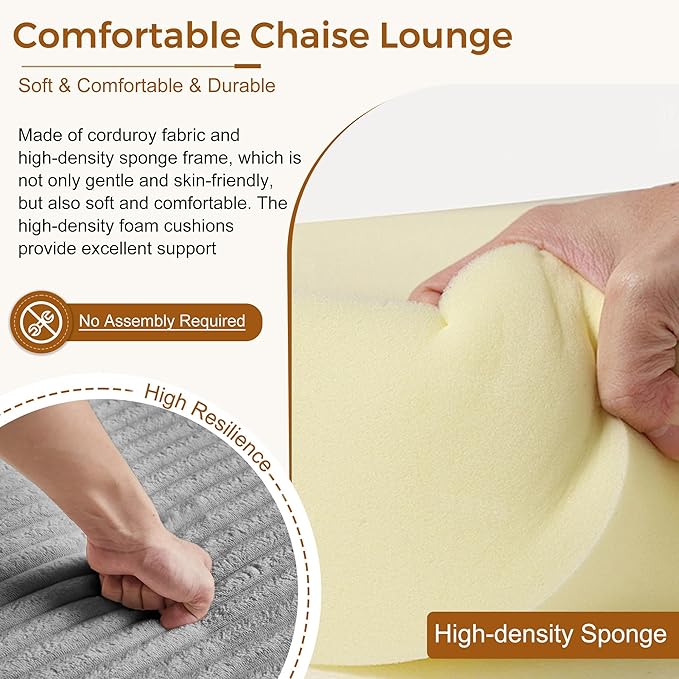 Avenix 66 Oversized Boneless Chaise Lounge Chair IndoorCorduroy Comfy Oversized Reading Chair Boneless Couch Bed ChairNo Assembly RequiredLight Grey