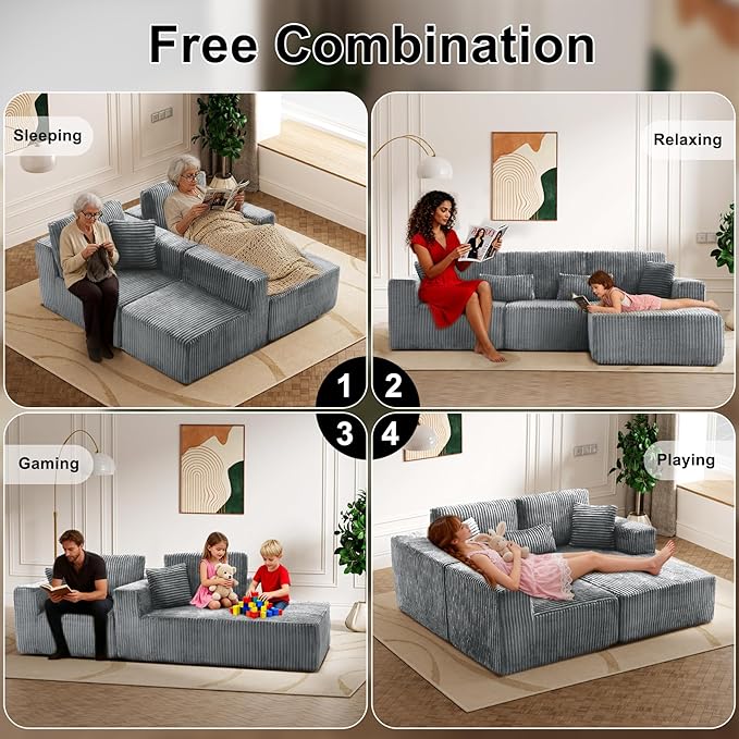 108 Boneless Cloud Sectional Couches for Living Room Comfy Fluffy L Shaped Memory Foam Deep Seat Boneless Couch Modular Sectional Sofa with Right Facing Chaise Dark Grey