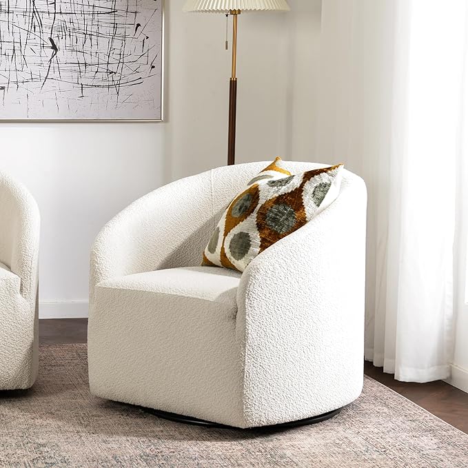 KINWELL 32 Wide Modern Boucle Swivel Barrel Chair No Assembly Round Upholstered Swivel Accent Armchair for Living Room Bedroom Office (White)