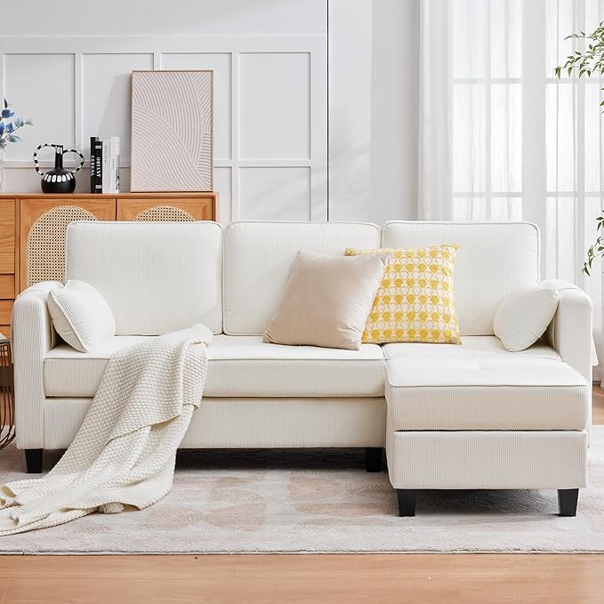 MAGIC UNION Convertible Sectional Couches for Living Room - Small Space Couches L-Shaped Sofa Upholstered 3 Seats Sofas W/Storage Chaise USB Ports Side Pockets and Pillows (Corduroy Fabric White)