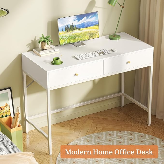 SUPERJARE 39.4 White Desk with 2 Drawers Modern Makeup Vanity Desk Small Computer Desk Home Office Desk for Writing Study Bedroom
