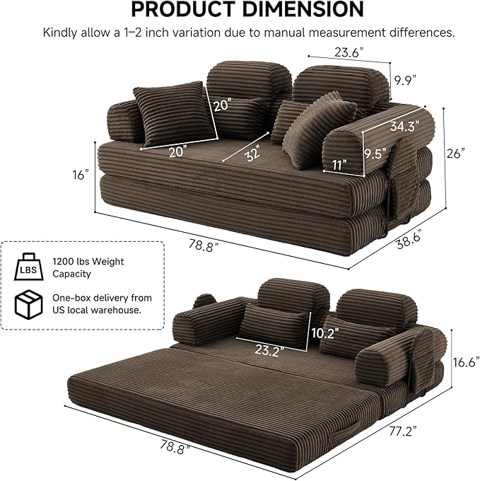 79 Sofa Bed Deep Seat 32 Sleeper Sofa 5-in-1 Convertible Sofa Bed Boneless Couch in a Box Corduroy Floor Futon with Thickened backrest and Headrest Pillows Side Pockets Brown