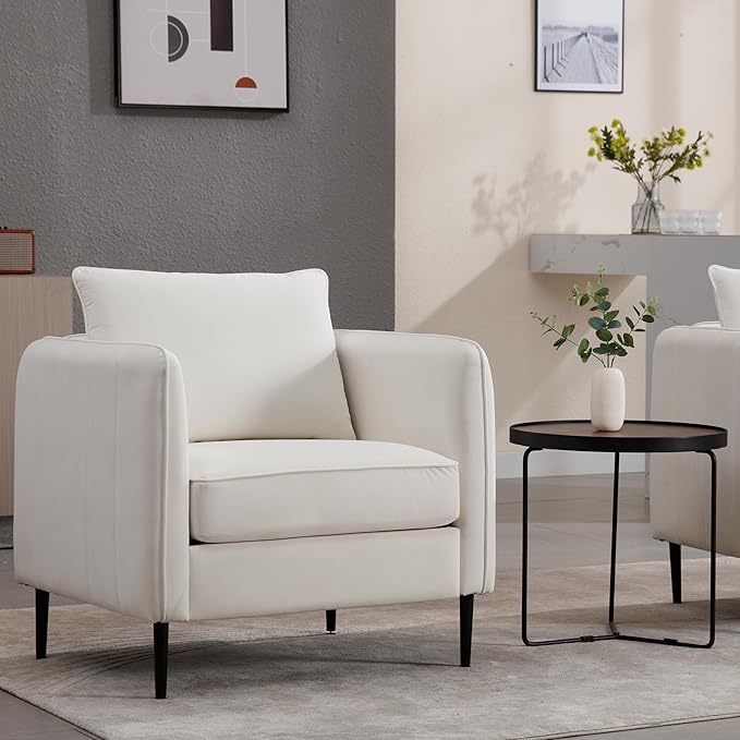 KEIKI Accent Chair for Living Room Velvet Single Sofa Chair with 1 Pillow Comfy Cloud Chair for Bedroom Office and Reading Metal Legs Soft Modern Design Ivory