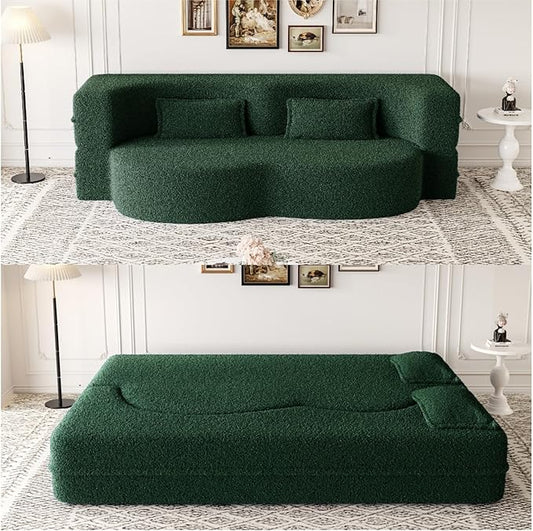 78” Floor Sleeper Sofa Bed Modern 2 in 1 Full Size Foldable Mattress with 2 Pillows Convertible Boneless Couch with Deep Seat for Living Room No Assembly Required (Green &amp Teddy) | No Assembly