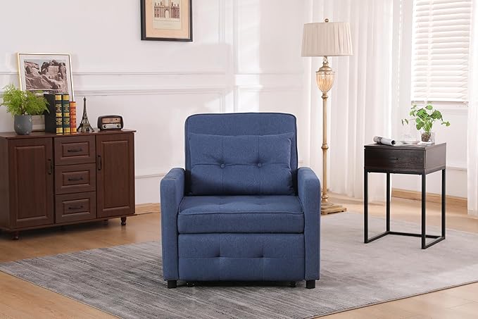 KEIKI Sleeper Chair Bed 3-in-1 Convertible Pull Out Sleeper Chair Bed Convertible Sofa Bed with USB Ports Side Pocket Single Armchair for Small Spaces Living Room Apartment Navy Blue