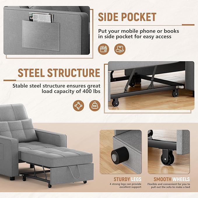 Flamaker Sofa Bed Sleeper Sofa 3-in-1 Adjustable Couch Bed with Modern Linen Fabric Convertible Sleeper Chair Couches for Living Room Apartment and Small Space (Bright Gray)