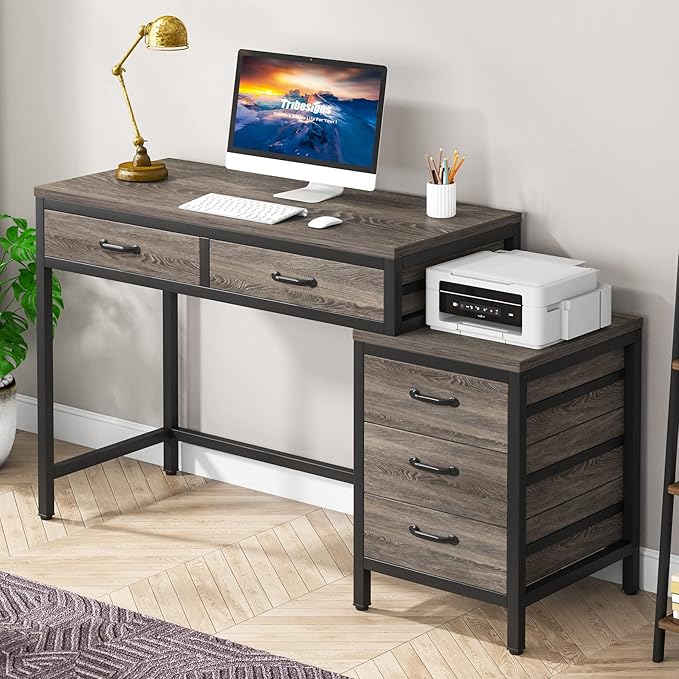 Little Tree 5 Drawers Computer Desk Desk with Reversible File Drawer Cabinet for Home OfficeGrey