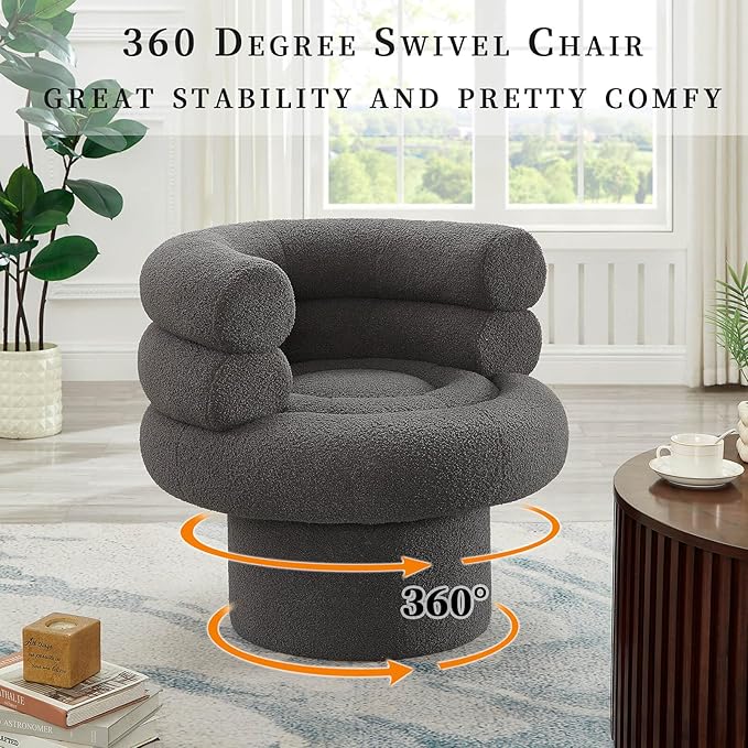 360° Swivel Barrel Accent Chair - Cozy Sherpa Fabric Upholstery Ergonomic Wrap-Around Design Sturdy Base Modern Style for Living Room Bedroom or Office (Grey)