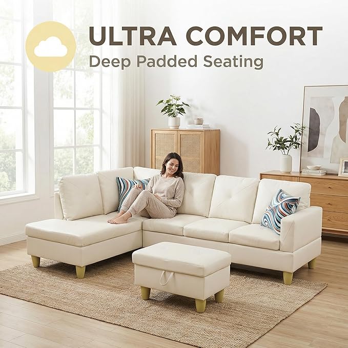 3-Piece L-Shaped Modular Leather Sofa – Convertible Sectional Couch with Movable Chaise &amp Storage Ottoman Multi-Scene Use for Living Room Apartment &amp Office White