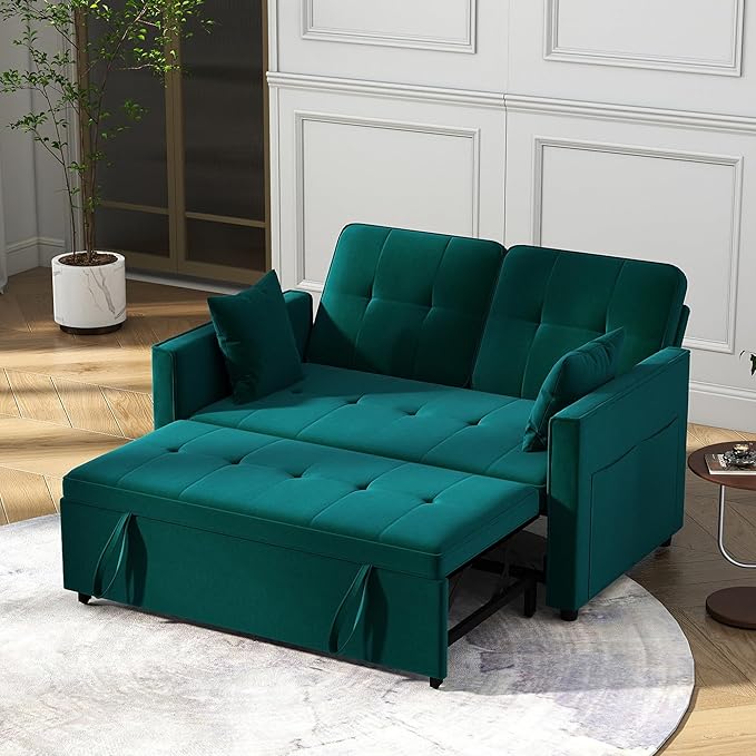 Loveseat Sleeper Sofa Bed Couch: Queen Sleeper Chair Pull Out Bed for Living Room Green Velvet Couch Beds for Small Spaces 3 in 1 Convertible Sofa with Armrests
