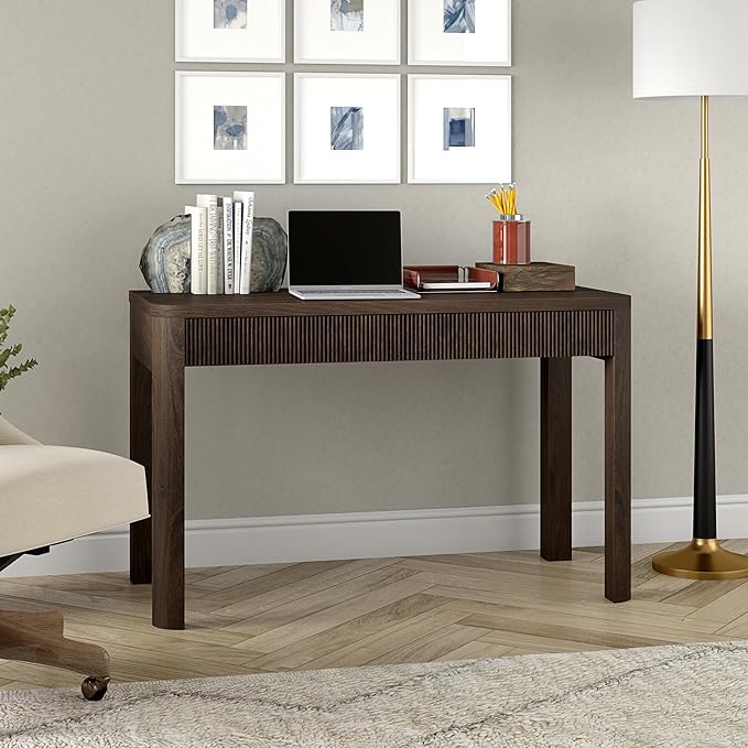 Henn&ampHart 48 Fluted Modern Rectangular Wooden Home Office Desk Computer Desk Writing Table with 2 Ribbed Storage Drawers for Bedroom Living Room or Home Office Warm Brown