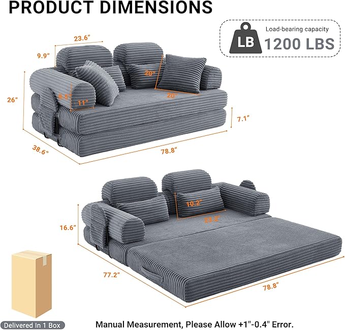 79'' High Backrest 5 in 1 Convertible Sofa Bed Modular Corduroy Couch with Fixed Frame &amp Removable Armrests No Assembly Floor Sleeper Sofa for Modern Living (High Backrest Dark Gray) | Convertib