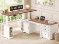 SEDETA Farmhouse L Shaped Electric Standing Desk 63 x 67 Height Adjustable Home Office Executive Desk with Drawers and Shelves Standing Computer Desks with Power Outlet for Home Office White