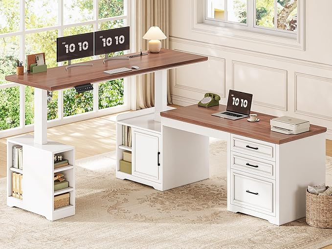 SEDETA Farmhouse L Shaped Electric Standing Desk 63 x 67 Height Adjustable Home Office Executive Desk with Drawers and Shelves Standing Computer Desks with Power Outlet for Home Office White