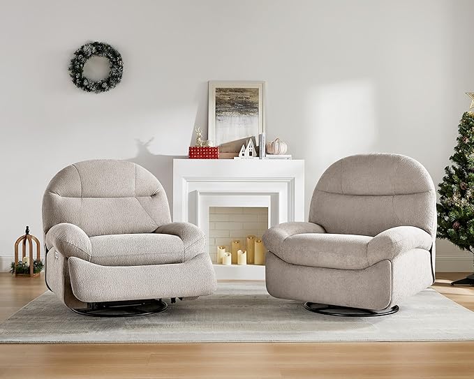 VANOMi Power Recliner Chair with Charging 270° Swivel Glider Rocker Electric Nursery Recliner for Living Room Bedroom and Office Camel Set of 2