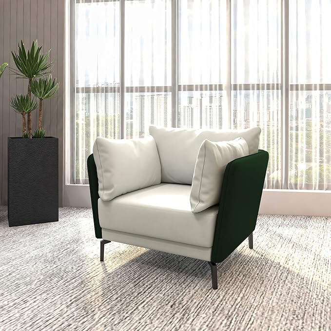 LeisureMod Modern Green Single-Seater Sofa Couch Contemporary Lounge Accent Side Armchair Upholstered in PU Leather with Metal Legs &amp Foam Filled Seat for Living Room Office Bedroom