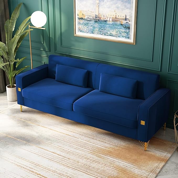 85 Velvet SofaMid-Century Modern Chesterfield 3 Seat Comfy Couch with Pillows Set of 2 for Living RoomBedroomApartment Furniture with Gold Metal Legs (P18-Blue)
