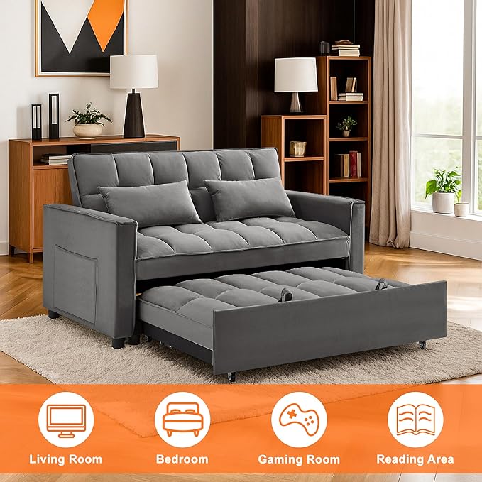 3 in 1 Convertible Sleeper Sofa BedFuton Loveseat Couch with Pull-Out Bed &amp Adjustable BackrestVelvet Fabric Sofa with Side Pocket for Small Apartment Living Room Office (Dark Grey)