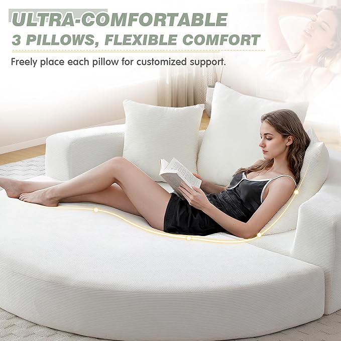 TTK 67” Oversized Round Sofa Bed 2 in 1 Convertible Circle Bed Folding Futon Lazy Floor Round Chaise Lounge Chair Comfy Corduroy Boneless Loveseat Couch for Living Room Apartment No Assembly (Beige)
