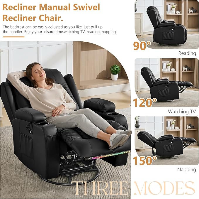 URRED Rocker Recliner Chair for Adults 270° Swivel Glider Reclining Single Sofa with LED Ambient Light Cup Holders and Side Pockets Faux Leather Recliner for Living Room or Home Theater Black