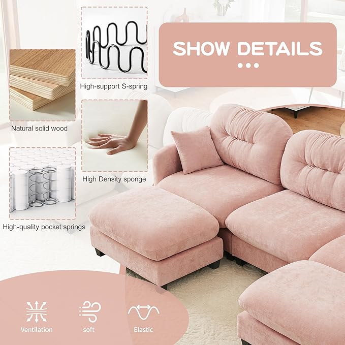 Cloud Couches for Living Room Modular Sectional Sofa 74 2-Seater Modular Couch with 2 Movable Ottomans Oversized Sectional Couch with Deep Seat Pink