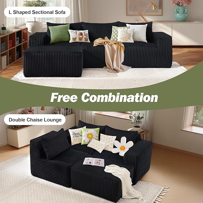 101 Boneless Cloud Modular Sectional Sofa L-Shaped Memory Foam Couch with Reversible Chaise Corduroy Upholstered Sofa in a Box No Assembly Required for Living Room &amp Apartment (Black 101in)