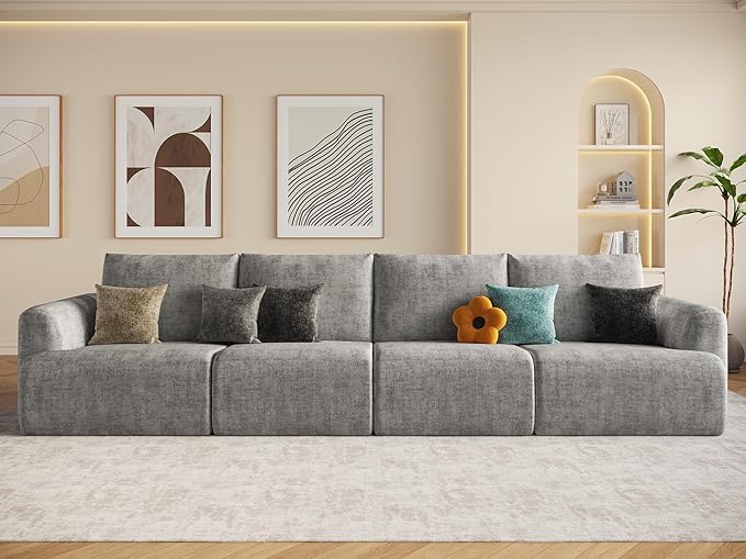 EASE MOOSE Boneless Couch for Living Room Modern Sectional Cloud Sofa Modular Cloud Couch 4-Seat Deep Extra Large Sofas for Bedroom Apartment No Assembly Required Chenille (Light Grey)