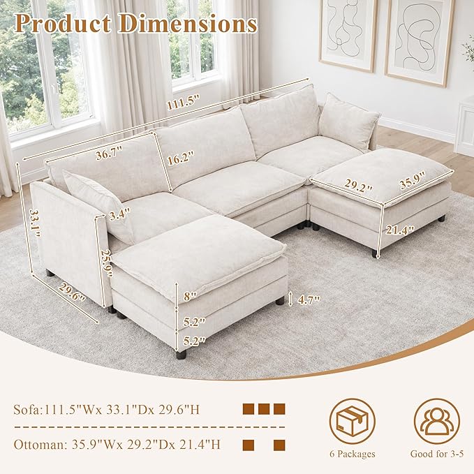 108 U Shaped Couch Modular Sectional Sofa Chenille Cloud Couch with Movable Ottoman 3 Deep Seat Small Sectional Couch Comfy Couch for Living Room (Beige 3 Seater with 2 Ottoman)