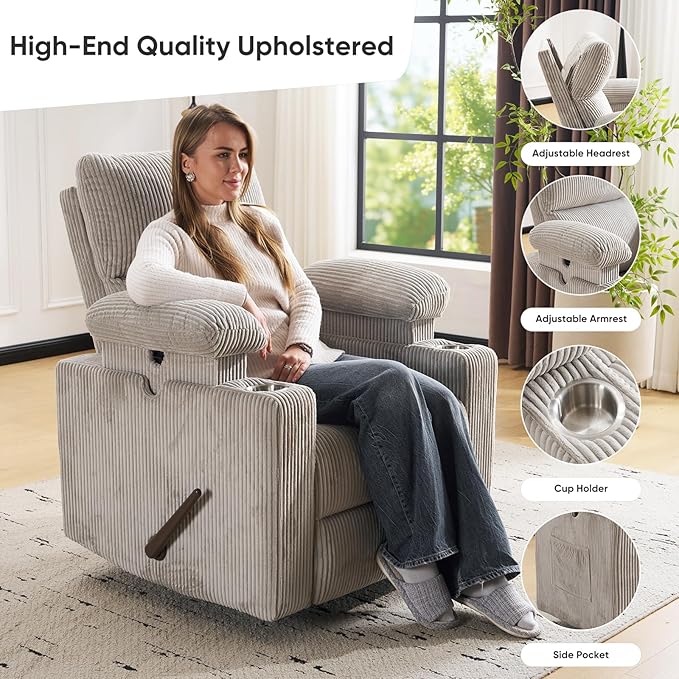 Swivel Rocker Recliner with Adjustable Armrests Rocking Nursery Chair with Adjustable Headrest Cup Holder Manual Recliner Nursing Chair for Breastfeeding Corduroy Grey