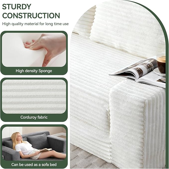 73 Convertible Sofa Bed Pull Out Boneless Loveseat Sleeper Sofa Corduroy Foldable Couch Bed with Storage Bag No Assembly Couch in a Box for Living Room Apartment (Beige)