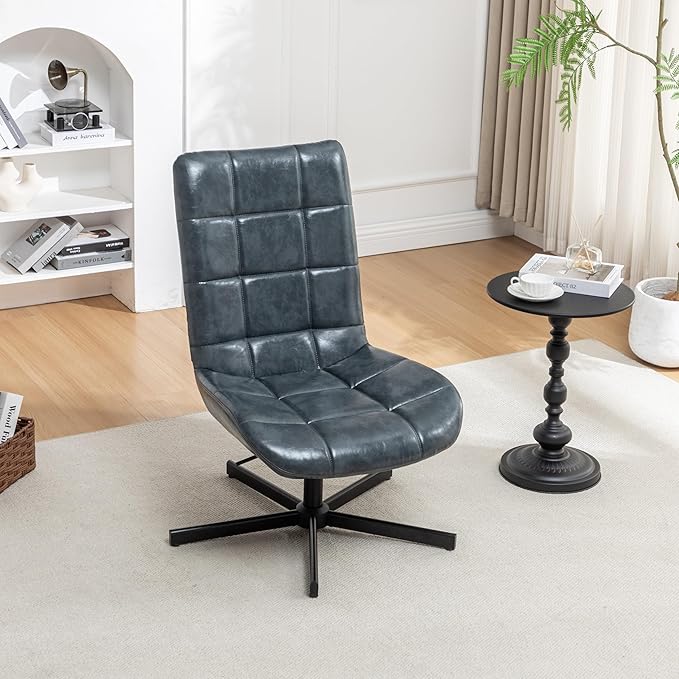 Faux Leather Tufted Swivel Accent Chair – Adjustable Height 360° Rotation Modern 5-Point Metal Base for Home Office &amp Living Room (Blue)