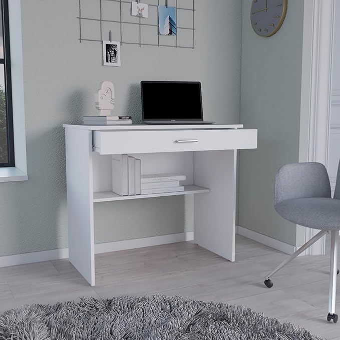 LIFE SKY White Writing Desk with Drawer: Modern Compact Design for Small Apartments - Wooden Study Table with Storage Shelf for Home Office &amp Creative Workspace