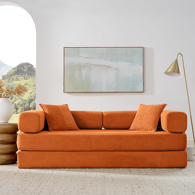 Folding Sofa Bed Convertible Sleeper Sofa Bed with Gold Fixed-Shape Frame Corduroy Floor Couch Lazy Compression Sofa for Living Room Bedroom Home Theater Orange