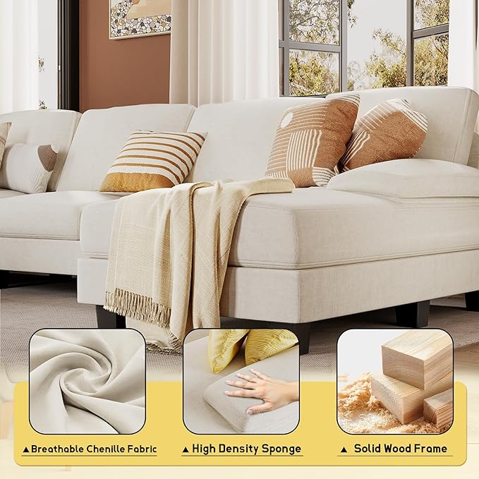 JUMMICO Sectional Couches for Living Room U Shaped Couch with Chenille Fabric 4 Seat Modern Sofa with Removable Pillows for Apartment and Small Space (Fabric White)