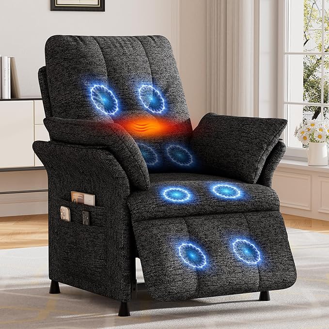 Power Recliner Chair for Adults with Heat &amp Massage - Linen Electric Reclining Sofa with Remote Control 3 Side Pockets 180° Lay Flat Sleeper for Living Room Home Theater Dark Grey